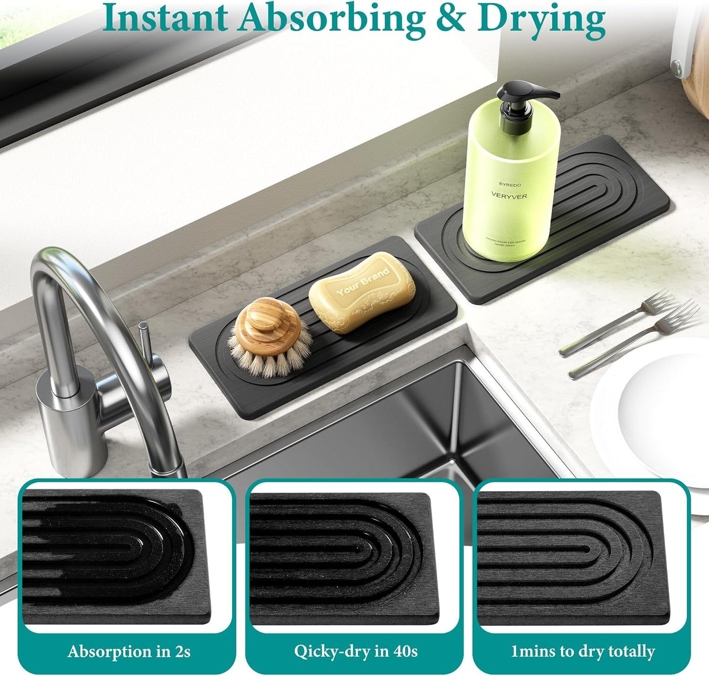 Water Absorbing Stone Tray for Sink, Quick Drying Diatomite Bathroom Tray Countertop, Stone Drying Mat for Kitchen Counter Faucet, Soap Dish Dispenser Vanity Organizer, Dark Grey-B-8.3" x 4"