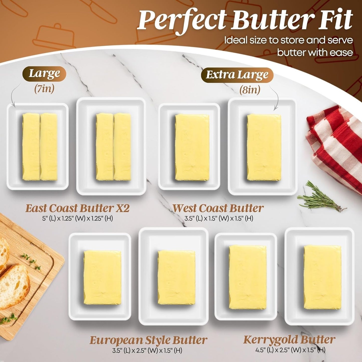 Flexzion Ceramic White European Butter Dish with Lid for Countertop (Large) - Wide 2 Stick Double Butter Holder for Counter, Cream Cheese Container Storage Keeper