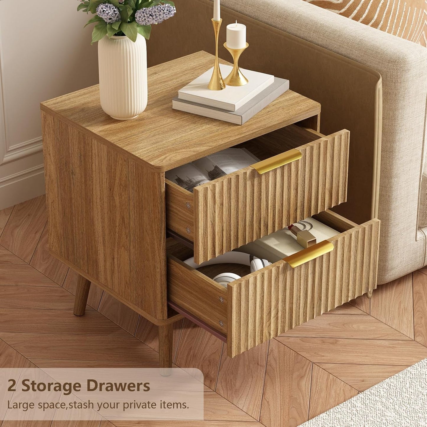 CARPETNAL Fluted Nightstand Set of 2, Walnut Bedside Table with 2 Drawers and Gold Handles, Wood End Table Mid Century Night Stands for Bedroom Living Room