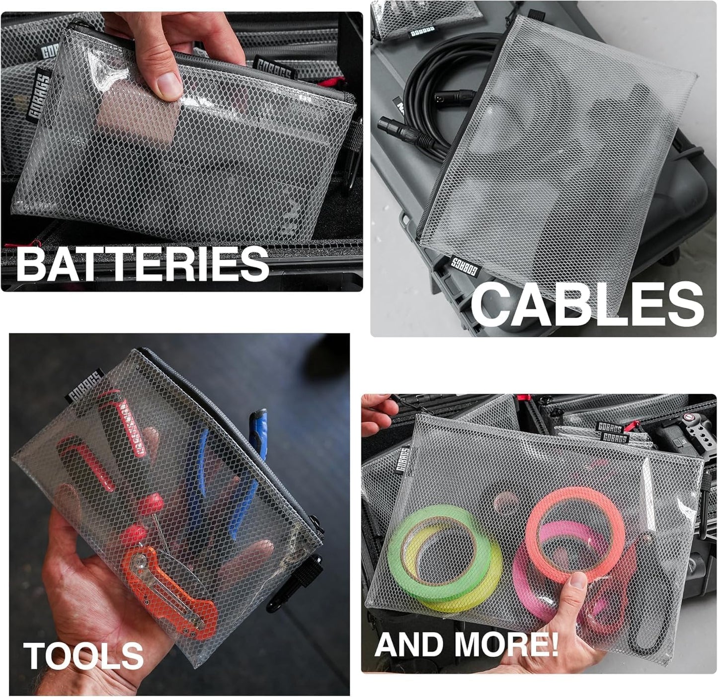 GOBAGS Air Production Extra-Small Clear Zipper Pouch (4‑Pack) – Cable Organizer & Travel Gear Bag for Electronics, Camera Accessories, Tool Pouch & Small Tech Storage