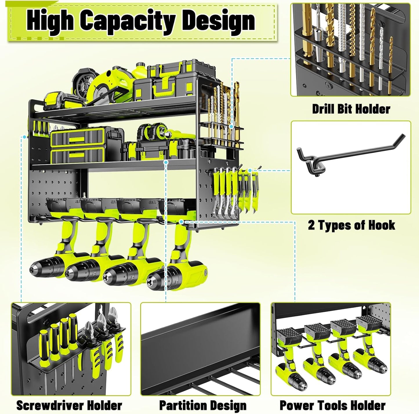 Power Tool Organizer Wall Mount, Drill Holder tool storage with Hooks & Screwdriver Organizer, Heavy Duty Iron 3 Layers Garage Storage Shelf for Workshop Shed Pegboard Basement(Black)