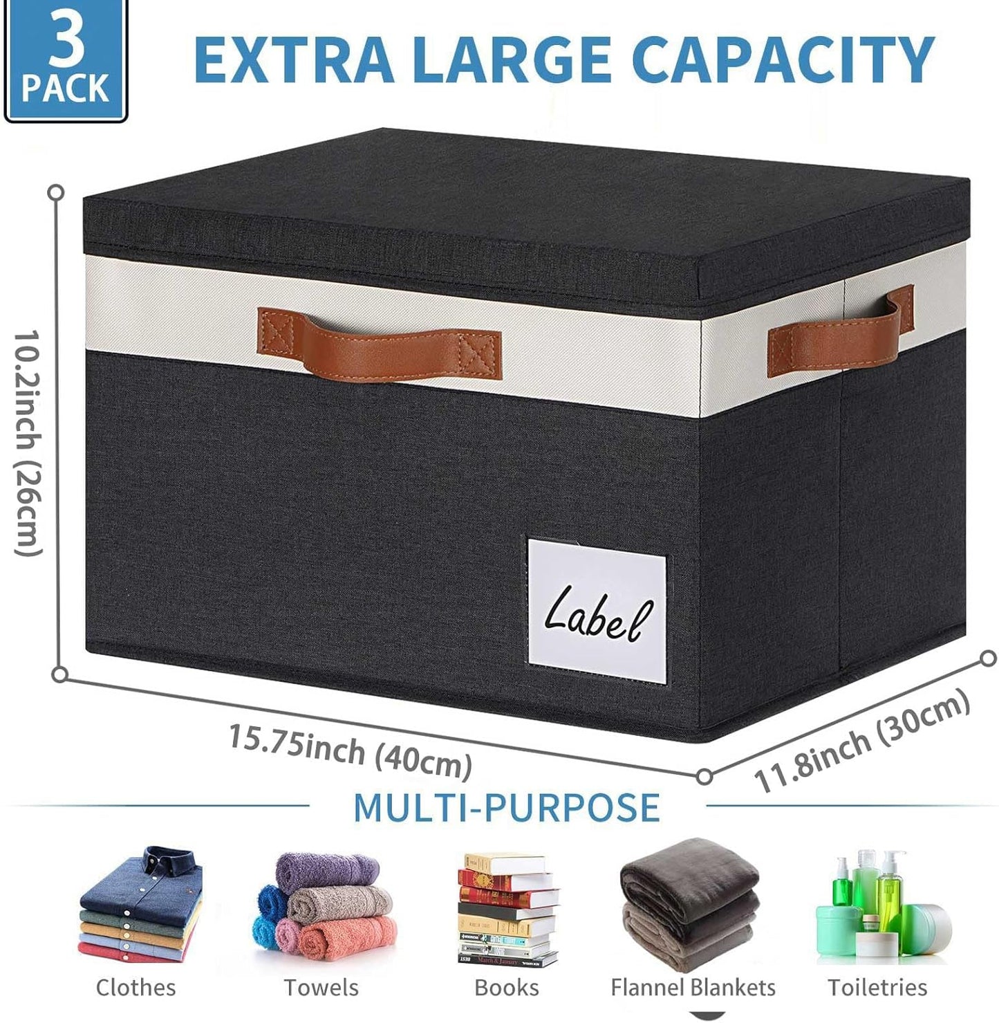 GhvyenntteS Extra Large Storage Bins with Lids, Foldable Fabric Storage Boxes with Lids and Handles, Storage Baskets with Lid and Label for Home Office (3 Pack, Black, 15.75" x 11.8" x 10.2")