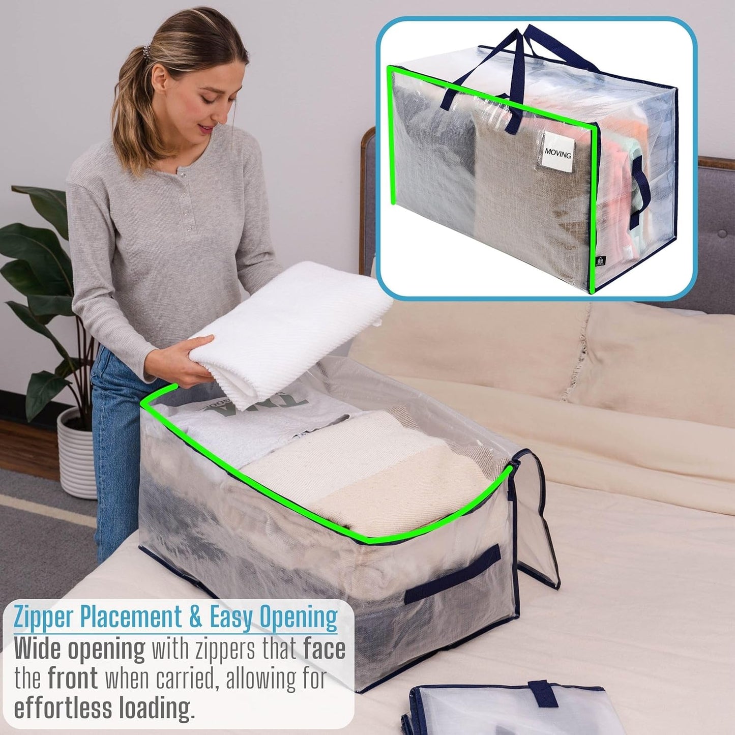 VENO 4 Pack Moving Bags and Large Christmas Decoration Storage Bins with lids. Alternative to Moving Boxes, Packing Supplies for College. Heavy Duty Totes (Clear, 4 Pack)