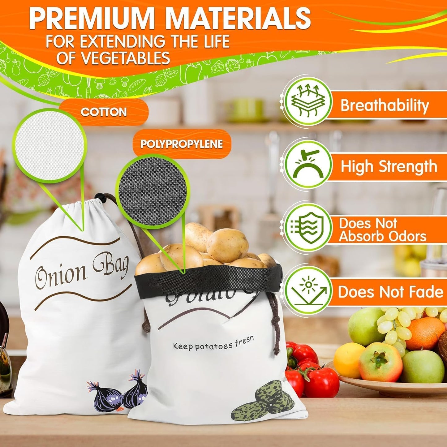 2Pcs Potato and Onion Storage Bags – Reusable Cotton Produce Bags with Black Lining and Side Zipper, Washable, Breathable & Light-Blocking Design for Storing Potatoes, Onions, Garlic & Root Vegetables