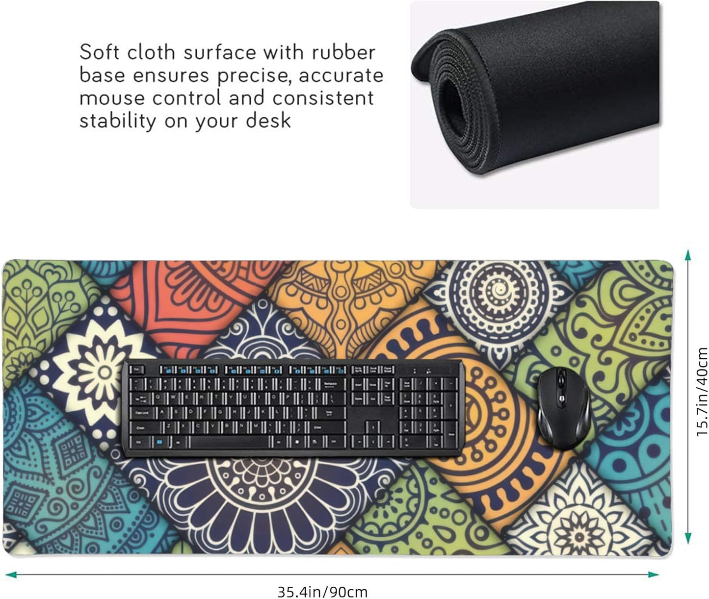 Bohemian Mandala Tile Large Mouse Pad, Vintage Aesthetic Gaming Desk Mat, XXL Keyboard Desk Pad Mat for Desktop, 35.4"x15.7" Non-Slip Base Big Mousepad with Stitched Edges