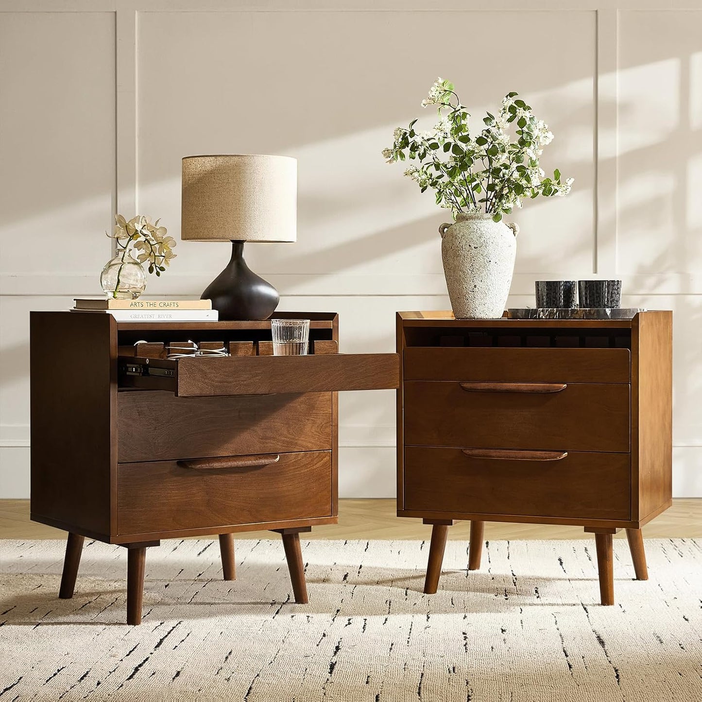 HULALA HOME 2 Drawer Nightstand with Charging Station, Mid-Century Modern Bedside Tables with Wood Legs, Wood Night Stand with Pull-Out Shelf Set of 2, Walnut