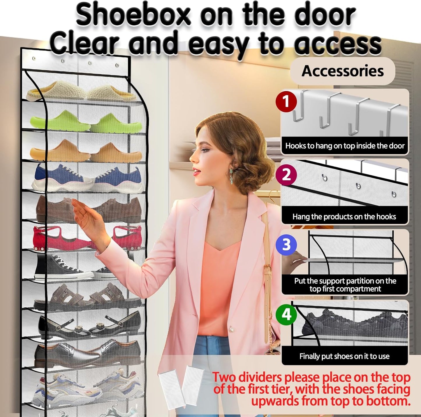 Over The Door Shoe Organizer with 12 Large Breathable Pockets - Durable Hanging Storage for the Entire Family's Shoes - White