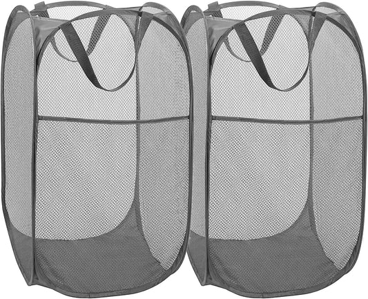 BATTOO Deluxe Strong Mesh Pop up Laundry Hamper Basket with Side Pocket for Laundry Room, Bathroom, Kids Room, College Dorm or Travel 2 x Grey