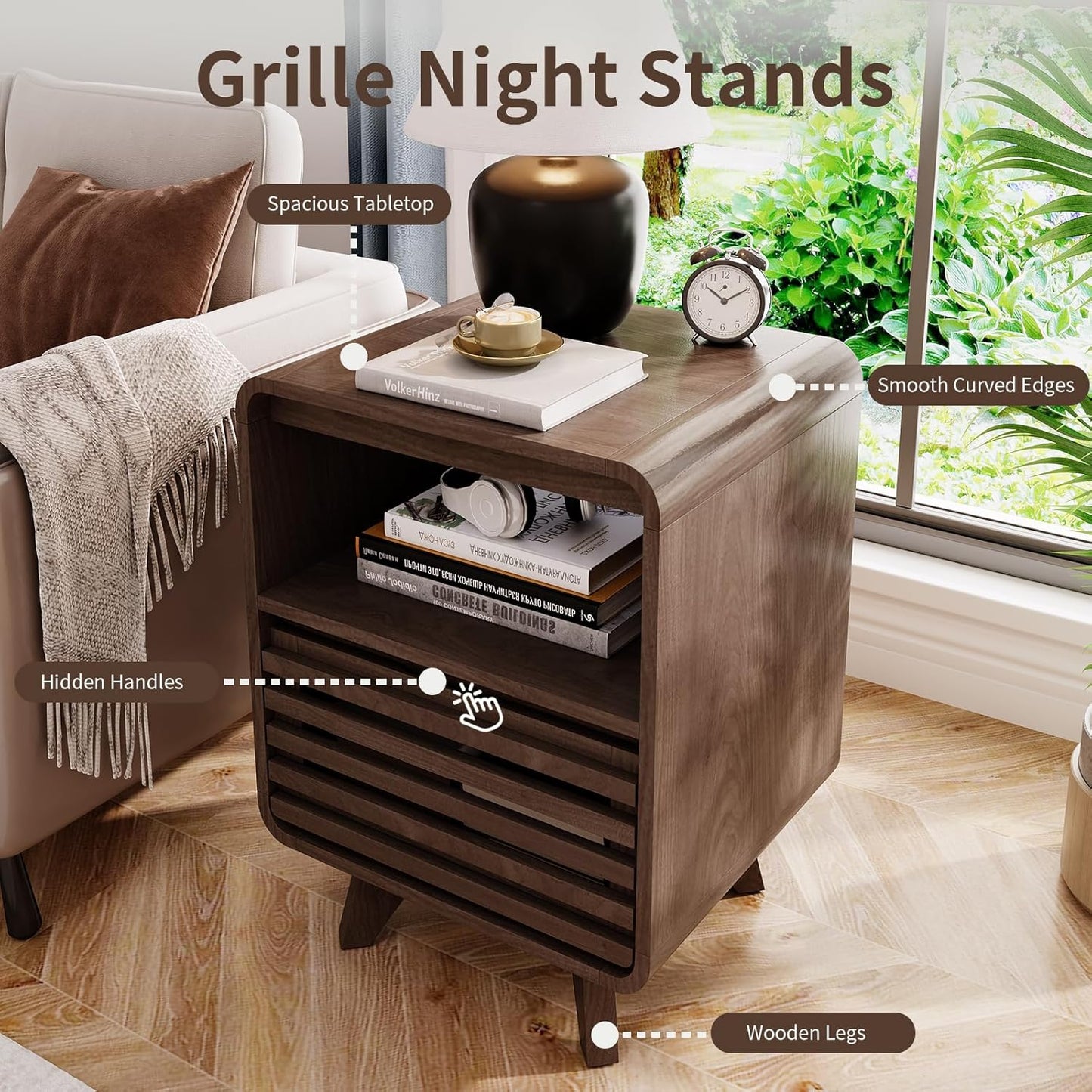 Fluted Night Stand Nightstand with Drawer Storage Grille Bed Side Table End Table Large Modern Wide Bedside Stand Tall Night Stands for Bedroom Living Room Sofa Couch Home Office, Dark Walnut