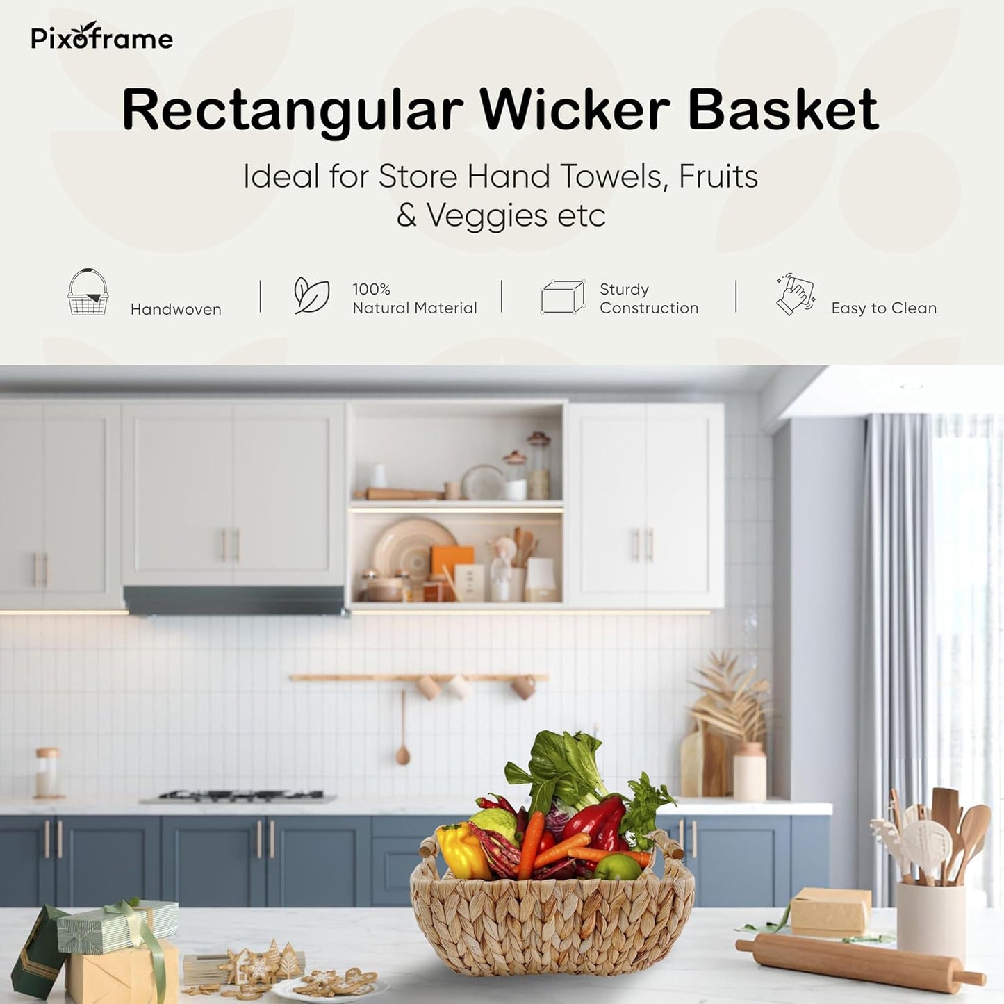 Small Rectangular Handwoven Wicker Basket - Water Hyacinth Storage Baskets with 2 Polished Wooden Handles for Store Hand Towel, Fruits & Veggies etc – 12.25"x7"x4.75" - Pack of 2 - Natural