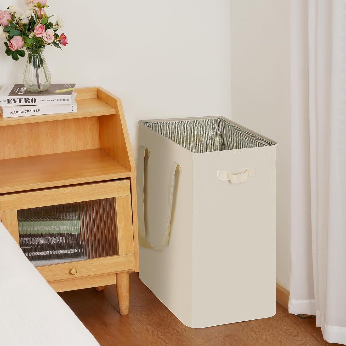 efluky Slim Laundry Basket, Narrow Laundry Hamper with Handles, Collapsible Dirty Clothes Hamper, Tall Laundry Bin for Laundry Room, Dorm and Bedroom, 90L Beige