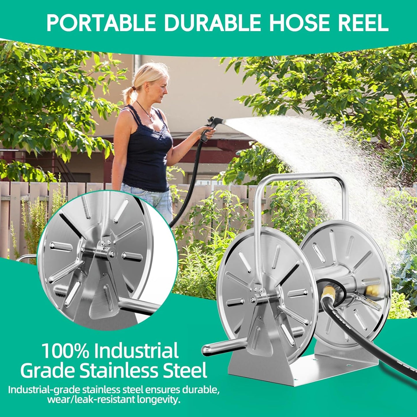 SPECILITE Stainless Steel Garden Hose Reel, Portable Outdoor Metal Wall Mount/Floor Spool, Holds 5/8 Inch 75ft Capacity, with 6ft Leader Water Pipe, UV Resistant Yard, Patio