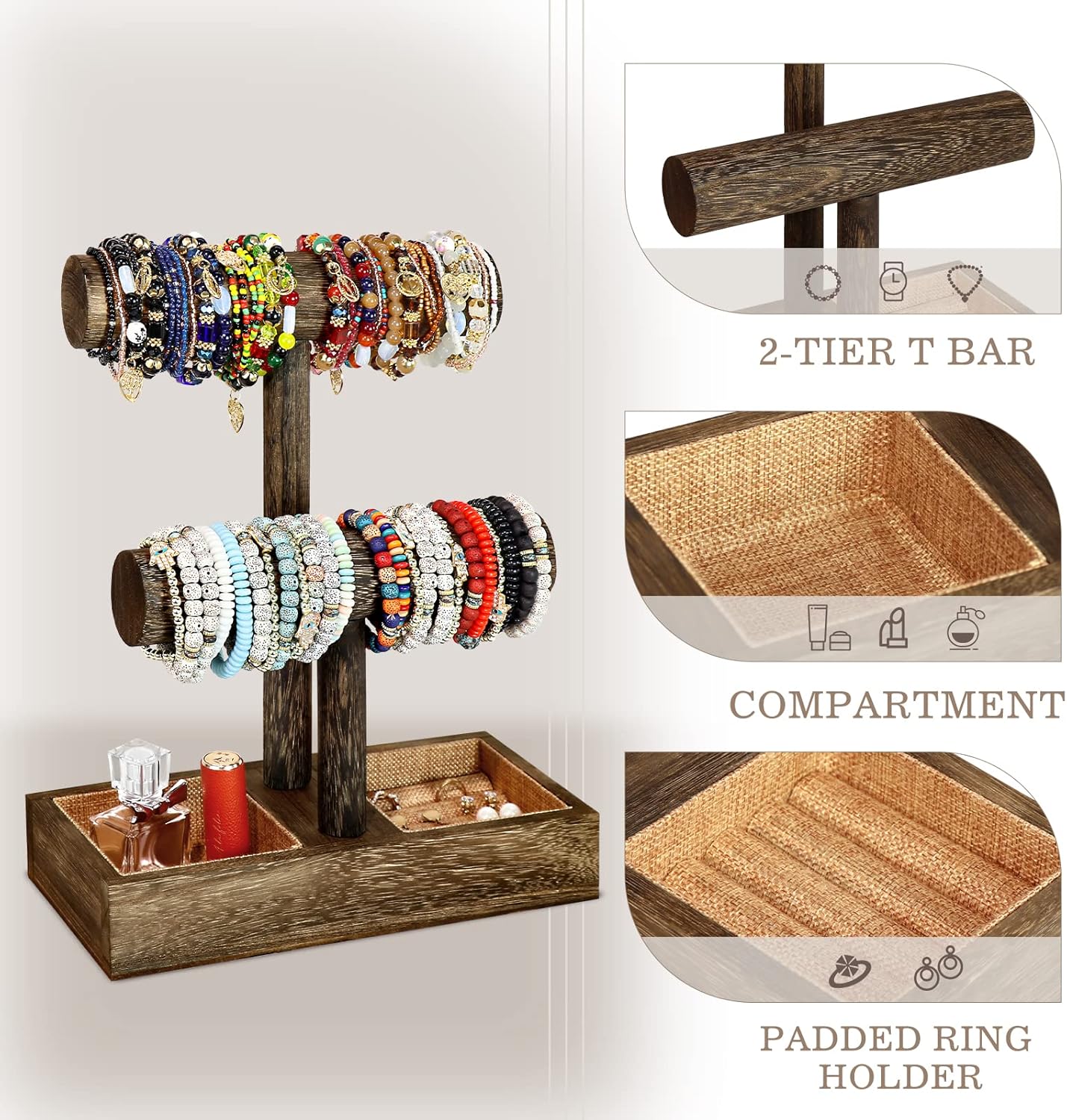 LadyRosian 2 Tier Wooden Display Jewelry Accessory Stand Jewelry Bracelet Holder Bangle Watch Necklace Storage Jewelry Box Organizer, (Brown-2 layers)