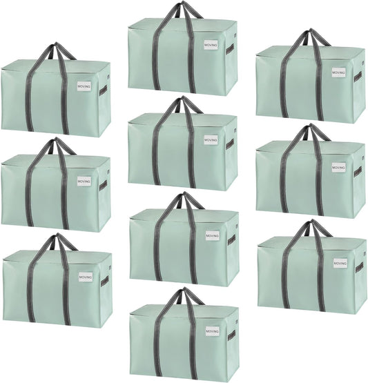 VENO 10 Pack Moving Bags and Large Christmas Storage Bins with lids. Alternative to Moving Boxes, Packing Supplies for College. Extra Large Heavy Duty Totes for Packaging (Shiny Light Green, 10 Pack)