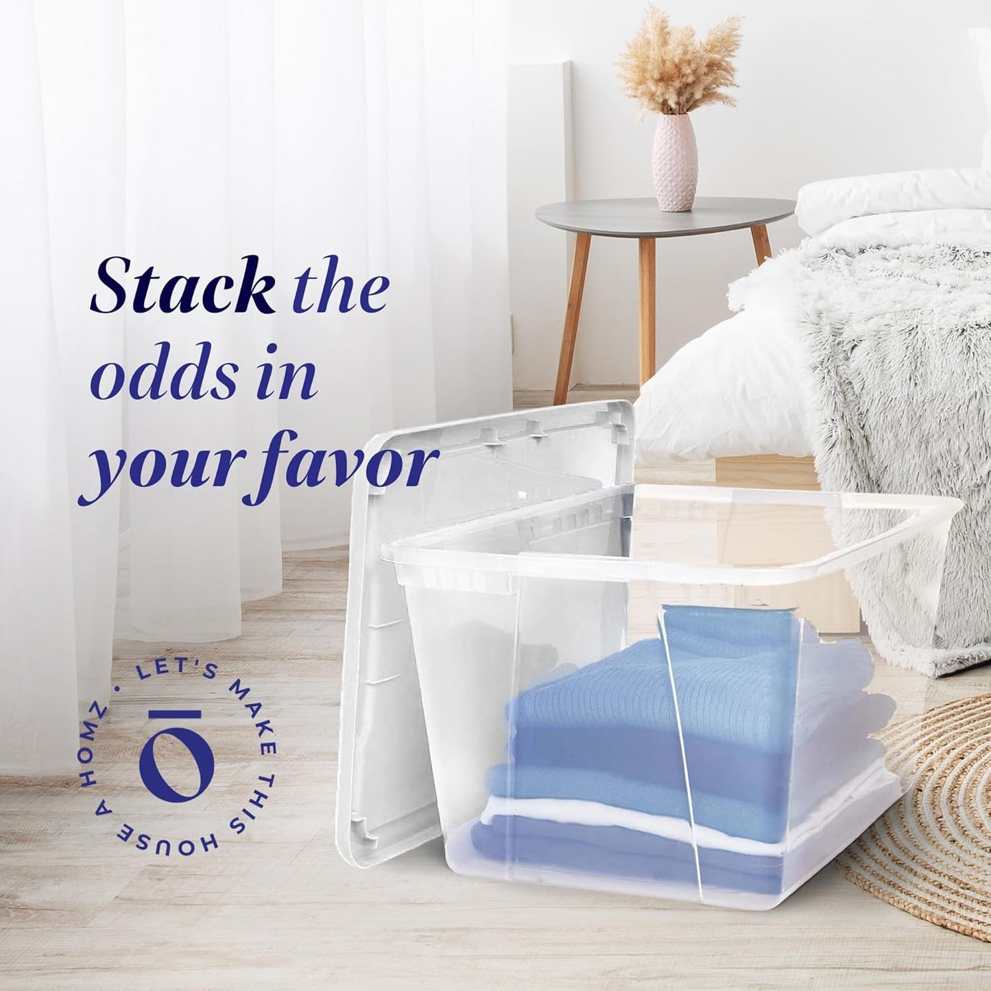 HOMZ 2-Pack Snaplock, Large Clear Plastic Storage Organizer Bins w/Lids, 56 Quart, White - Stackable Container Boxes for Bedroom, Bathroom, Garage, and Office Organization