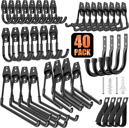 40 Pack Heavy Duty Garage Hooks,Solid Steel Wall Mount Hangers,with Anti-Slip Coating,for Hanging and Organising Ladder,Bike,Ropes,Broom,Garden,Yard and Power Tools