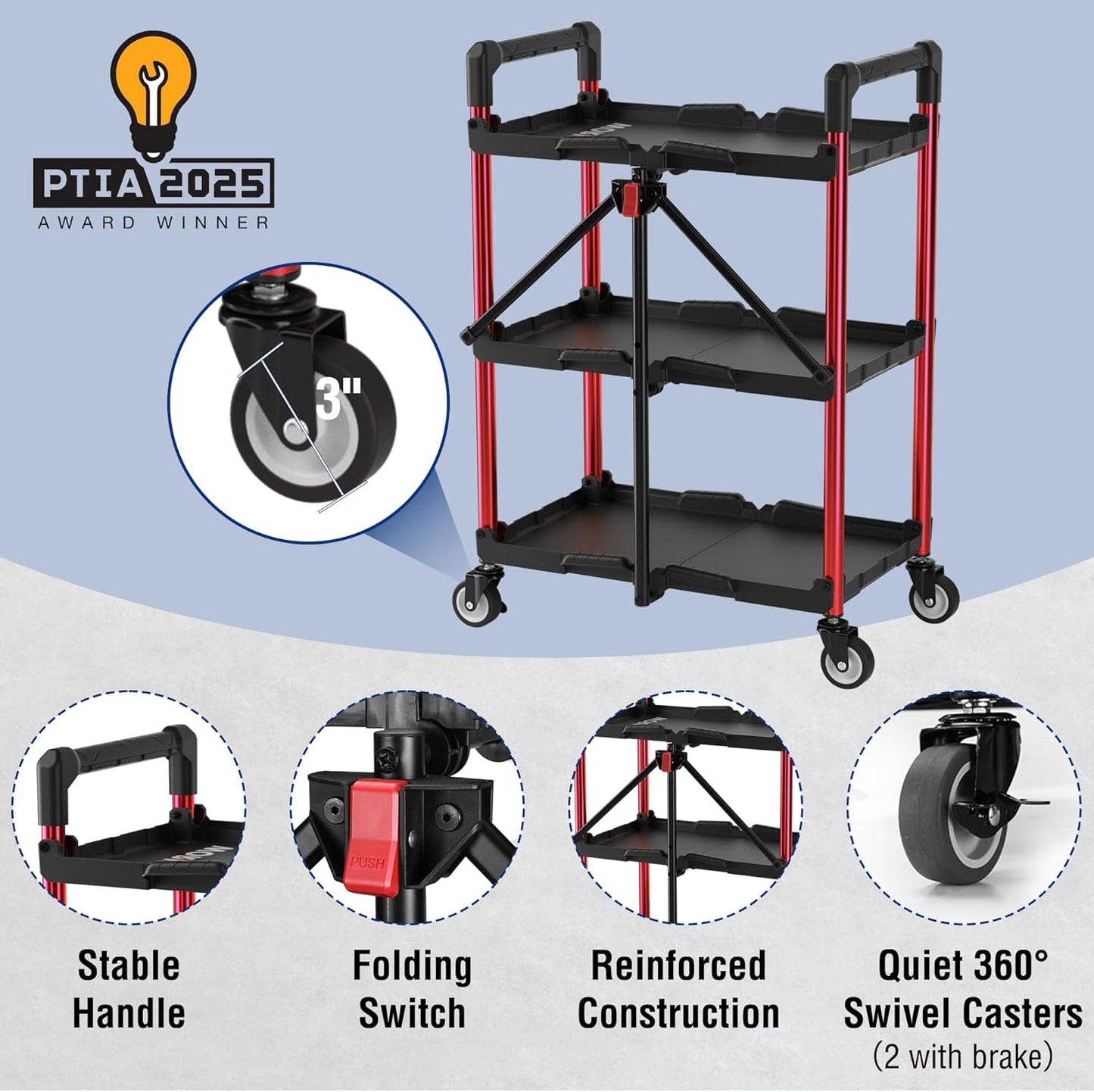 WORKPRO 3-Tier Collapsible Service Cart, 210 LBS Foldable Utility Service Cart with Wheels, Portable Tool Cart for Garage, Warehouse, Home, Restaurant, Office (No Assembly Required)