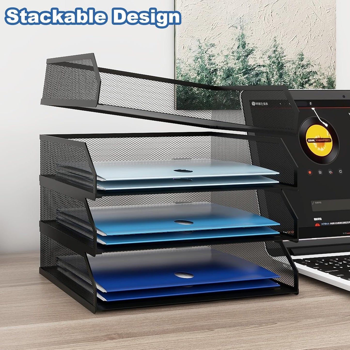 Natwind 4-Tier Stackable Paper Tray, Metal Mesh Desktop Organizer, A4 Paper Sorter, Letter Trays,File Folder Sorter Organizer with Sliding Tray for Home, Office, School (Black)