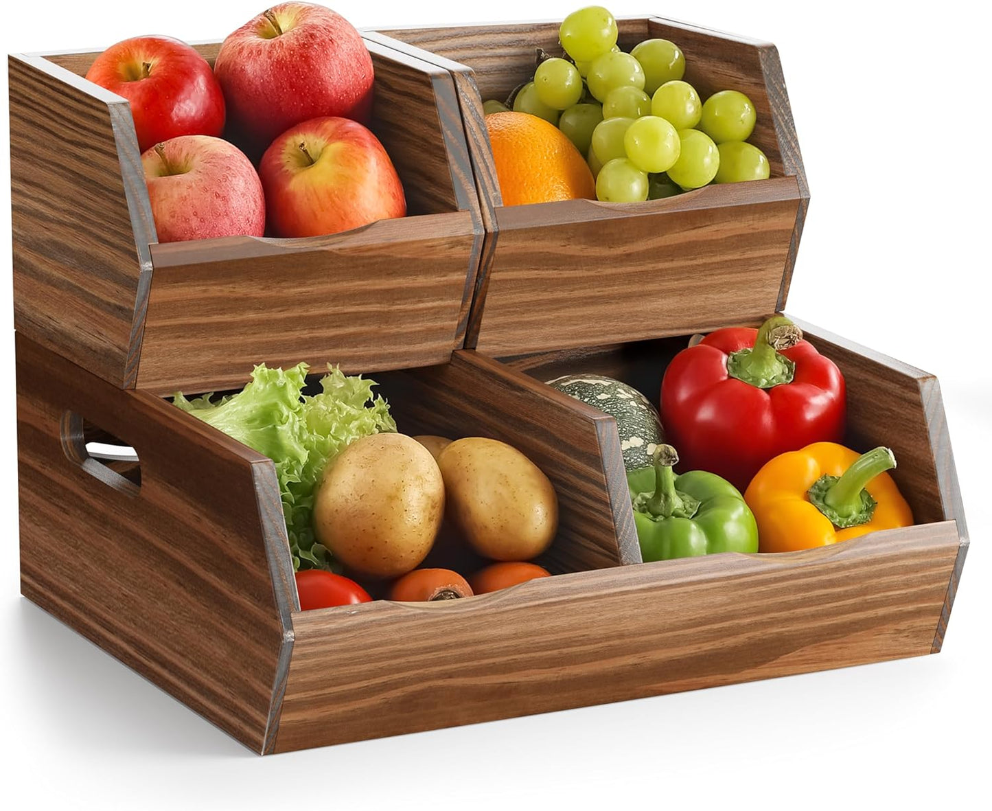 Acacia Wood Pantry Storage Bins – Stackable Open Front Kitchen Baskets for Potato, Onion, Fruit, Bread & More – Rustic Wooden Basket for Pantry (Walnut - Pine Wood)