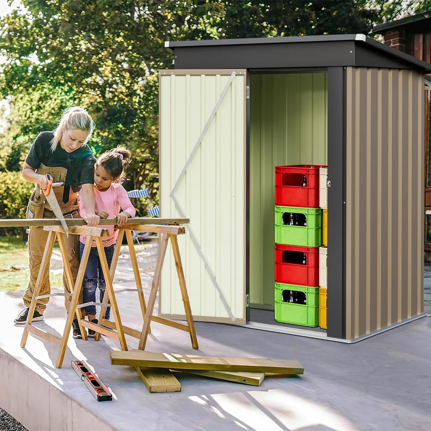 Furniwell 5x3 FT Outdoor Storage Shed, Metal Garden Sheds Outdoor Storage House with Single Lockable Door for Backyard Patio Lawn, Brown