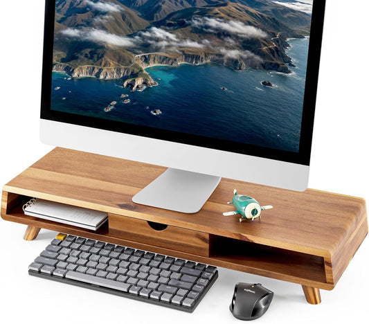 TINAMO Acacia Wood Monitor Stand with Drawer - Wooden Monitor Riser for Desk - Computer Monitor Stand for Desk - Multi-Purpose Desktop Storage Stand for Computer; Laptop; Printer; TV - 24.4 " x 8" x 5" (Patent Pending) (Acacia, 24.4 " x 8" x 5")