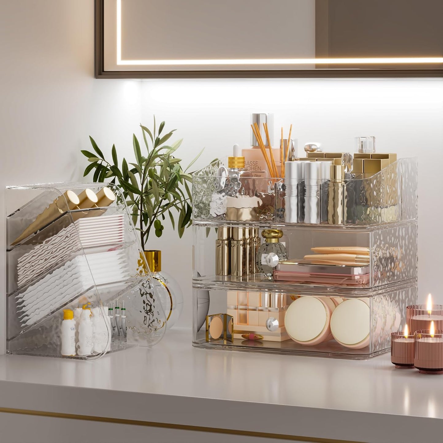 Makeup Organizer with Brush Holder Plastic Makeup Drawers For Vanity Clear Stackable Storage Case Makeup Organizer For Skincare, Brushes, Lipstick, Nail Polishes, Perfumes, Eyeshadow Palettes