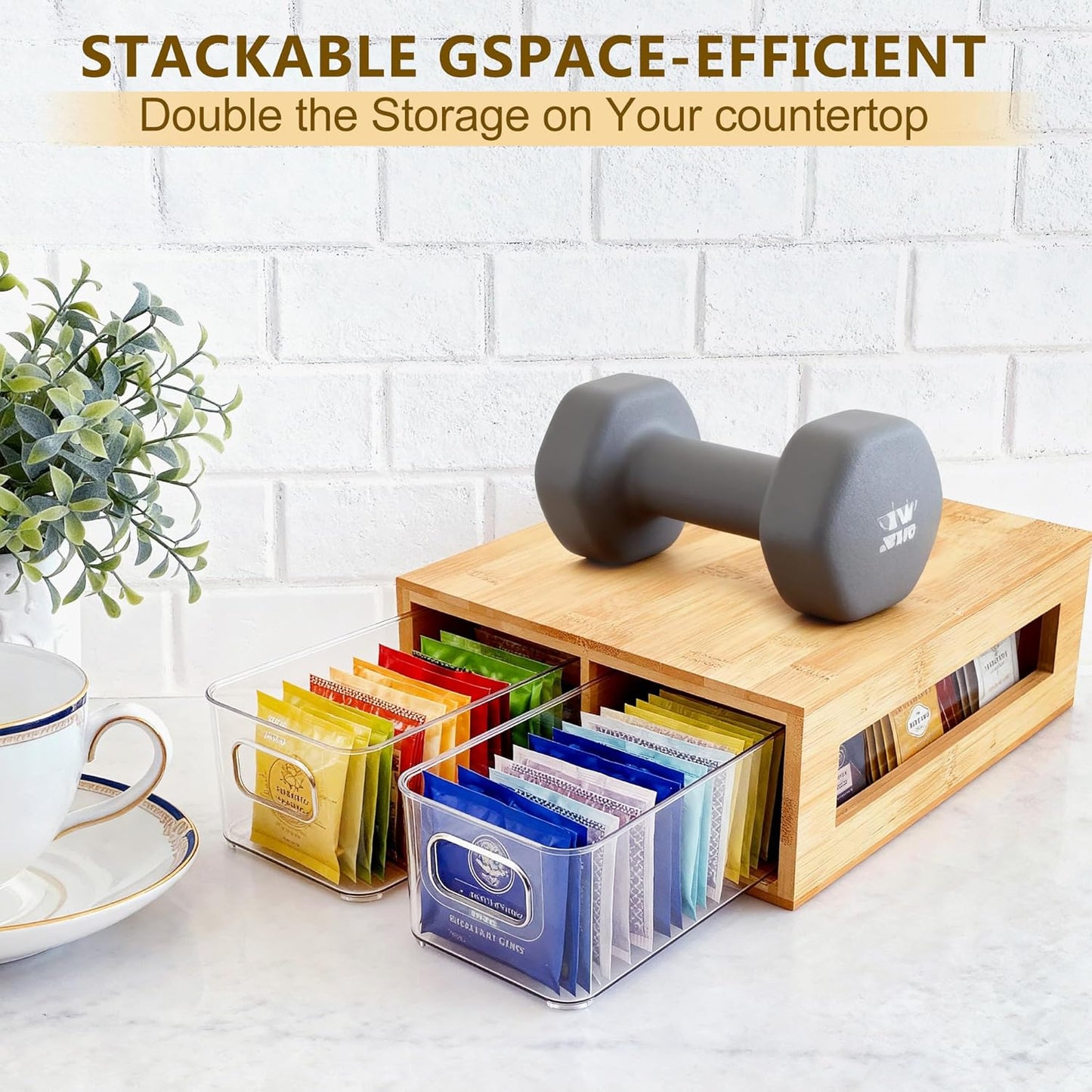 Tea Bag Organizer, Bamboo and Acrylic Drawer Tea Bag Holder Wood Tea Bag Storage for Drawers with 2 Roomy Compartments for Kitchen Living Room