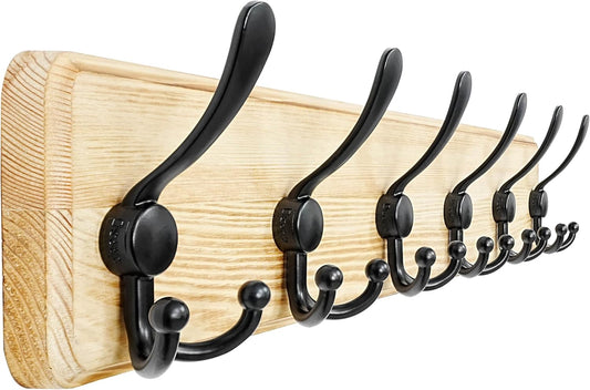 Dseap Coat Rack Wall Mounted - 24" Long 6 Tri Hooks, Heavy Duty Wooden Wall Coat Hanger Coat Hook for Clothes Hat Jacket Clothing, Weathered Light Natural and Black