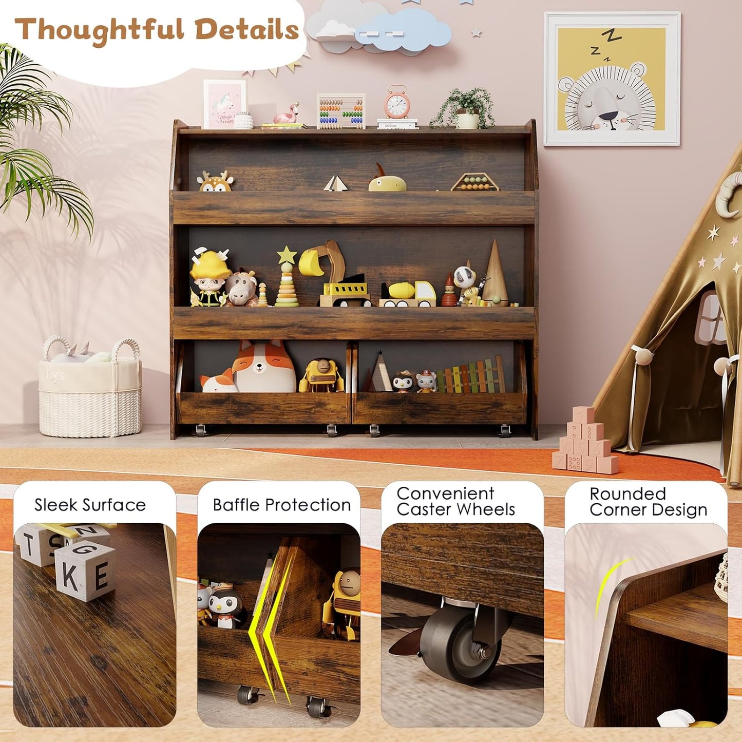 COZPAW Toy Storage Organizer, 3 Tier Montessori Shelf with Movable Bins, Toy Organizers Book Shelf for Kids Room, Playroom, Nursery (Brown)
