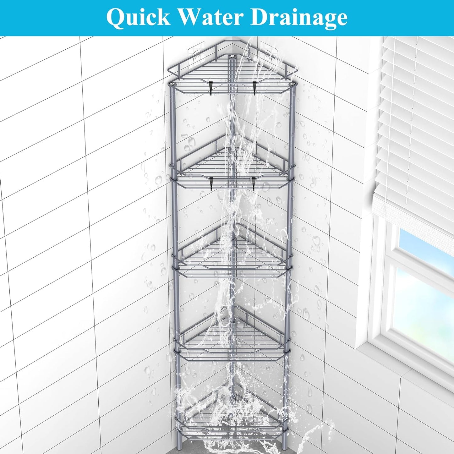 5 Tier Floor Standing Corner Shower Caddy Organizer Shelf with Hooks, Bathroom Shelves Stand Rack, Dark Gray