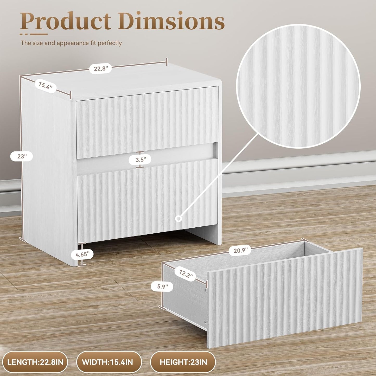 Fluted Nightstand, 23" Wood Bedside Table with 2 Storage Drawers, Modern Night Stand for Bedroom, Office, White