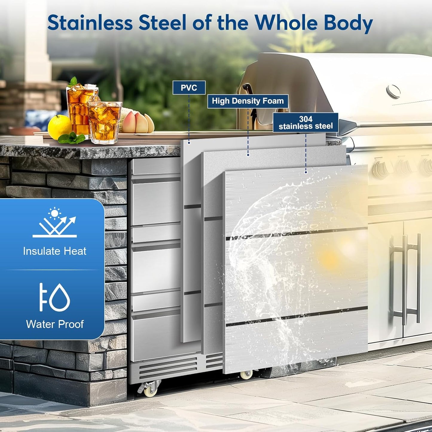 Stainless Steel 3-Tier Drawer Fridge Undercounter, Outdoor Beverage Refrigerator with Wheels, Waterproof Design and Temperature Control for Home and Commercial Use
