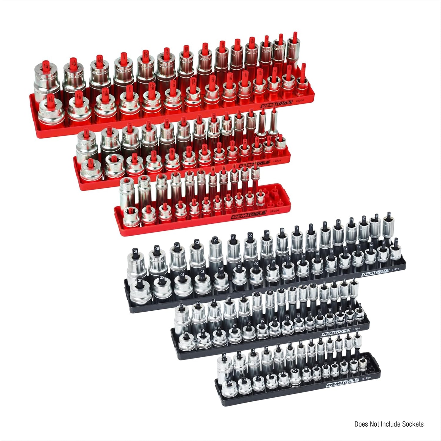 OEMTOOLS 22234 Socket Organizer, 6 Piece Socket Organizers, SAE and Metric, Socket Holders 1/4, 3/8, 1/2 Drive Sockets, Socket Holder for Toolbox, Red and Black