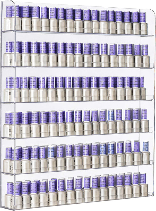 AMT 6 Tier Acrylic Nail Polish Racks for the Wall, Holds up to 180 Bottles, CLEAR Nail Polish Display, Essential Oils Organizer. Plus a Microfiber Cloth for Cleaning Purposes