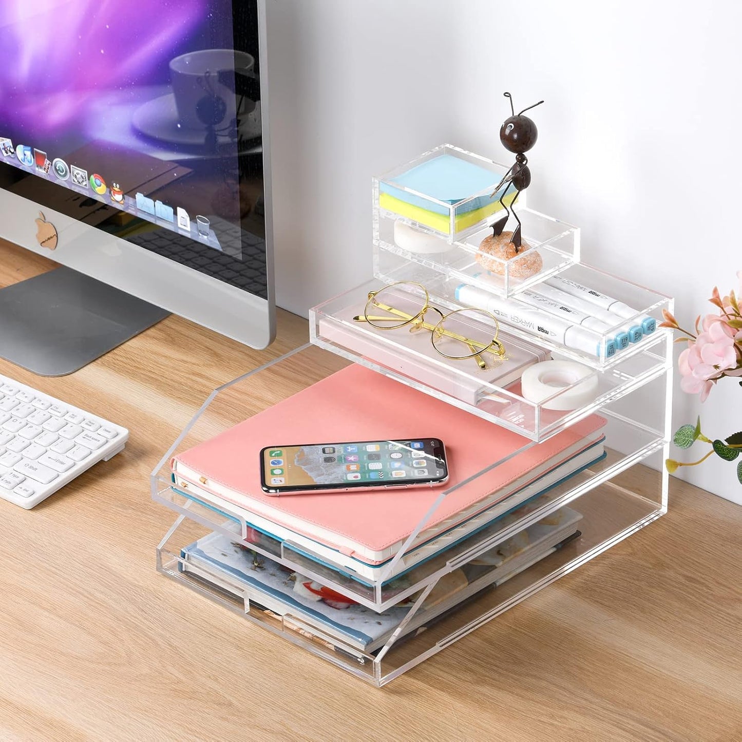 Clear Acrylic Desk Organizer for Office or Home Desk Drawer Dividers, Makeup Vanity Storage Bins, Stackable 4-Pack, Acrylic Accessory and Half Accessory Tray/Small Tray