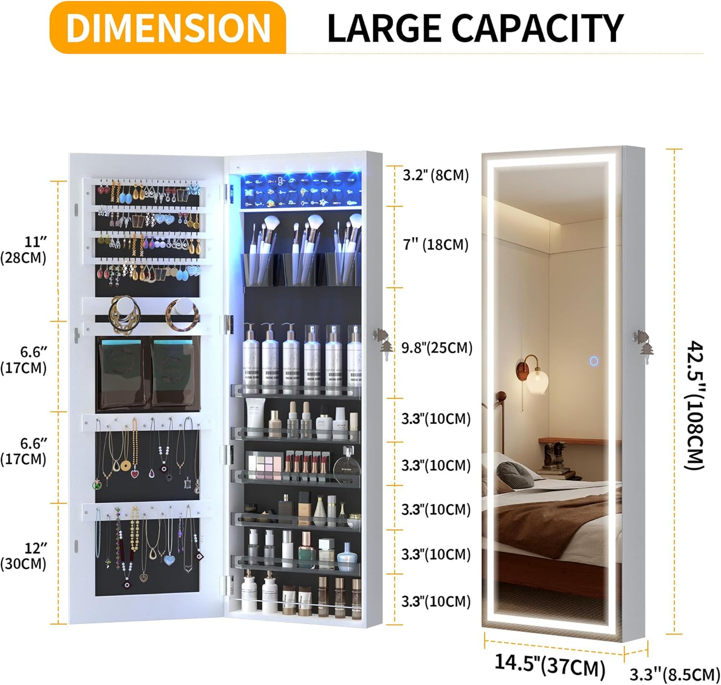 LVSOMT LED Mirror Jewelry Cabinet, Wall/Door Mount Jewelry Armoire Organizer with Lights, Full Length Mirror with Jewelry Storage, Over the Door Hanging Jewelry Cabinet (White)