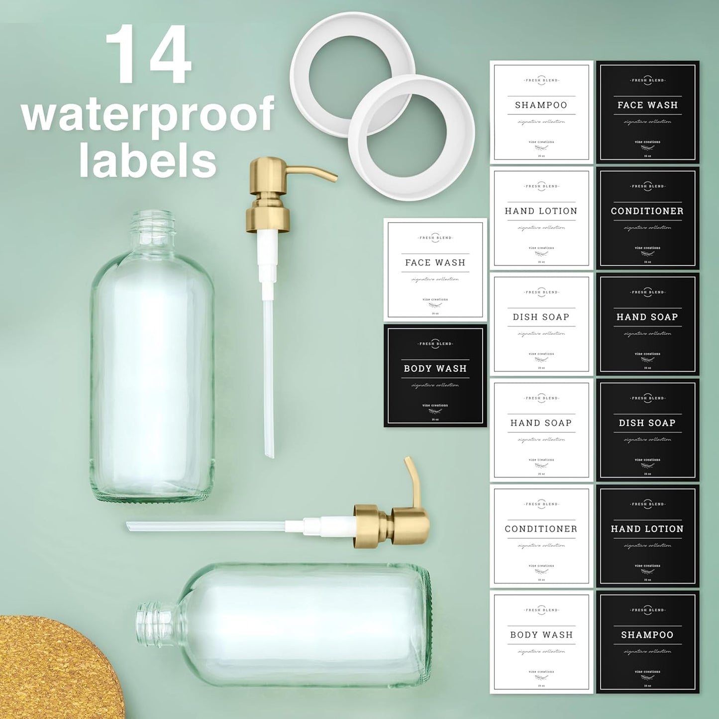 Vine Creations Clear Glass Soap Dispenser, 2 Pack Kitchen Soap Dispenser Set with Stainless Steel Pump, 16 oz Dish Soap and Hand Soap Dispensers for Bathroom with Waterproof Labels