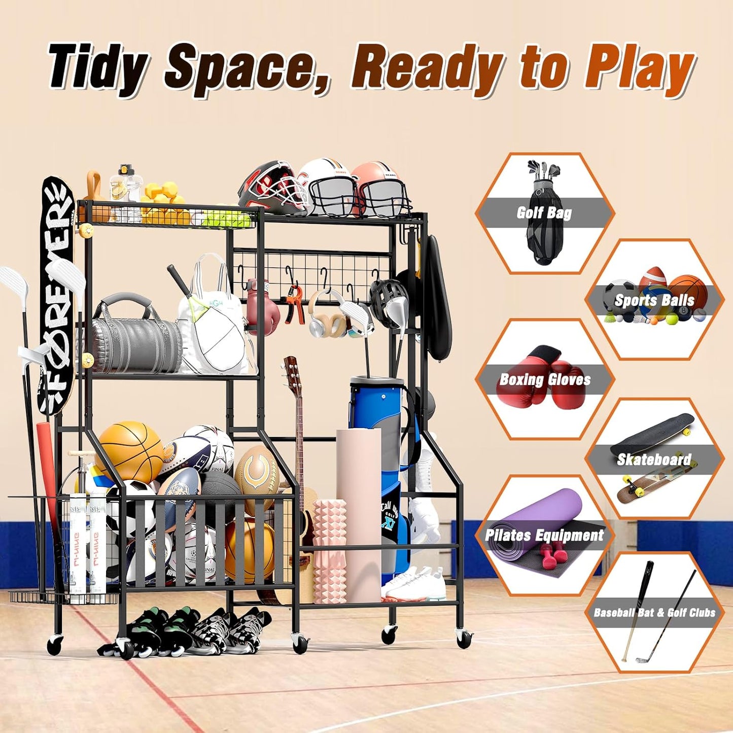Sports Equipment Organizer, Heavy Duty Golf Bags Stand, Extra Large Ball Storage Rack for Garage