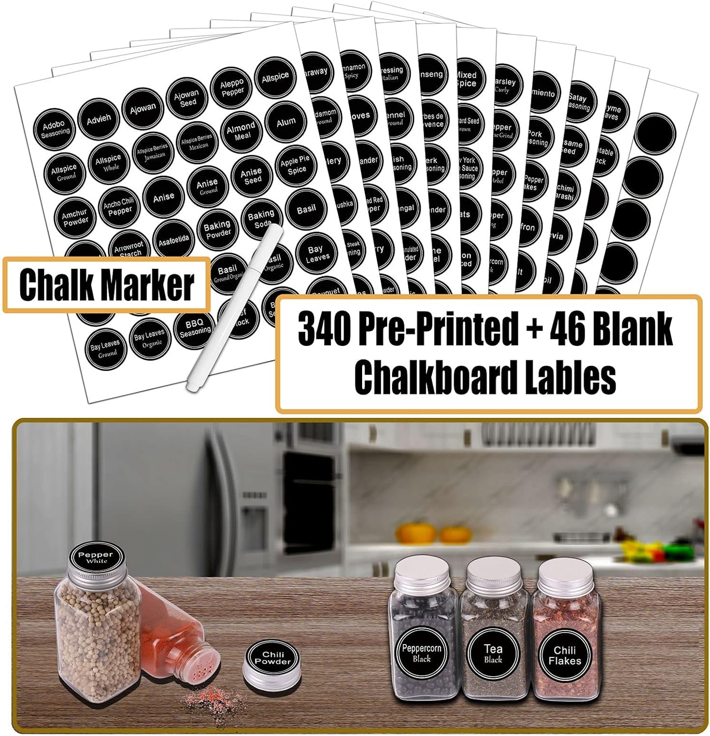 SWOMMOLY 30 Glass Spice Jars 6 oz Empty Square Spice Bottles with 703 Spice Labels, Chalk Marker and Funnel Complete Set. 30 Spice Containers with Airtight Cap, Pour/sift Shaker Lid