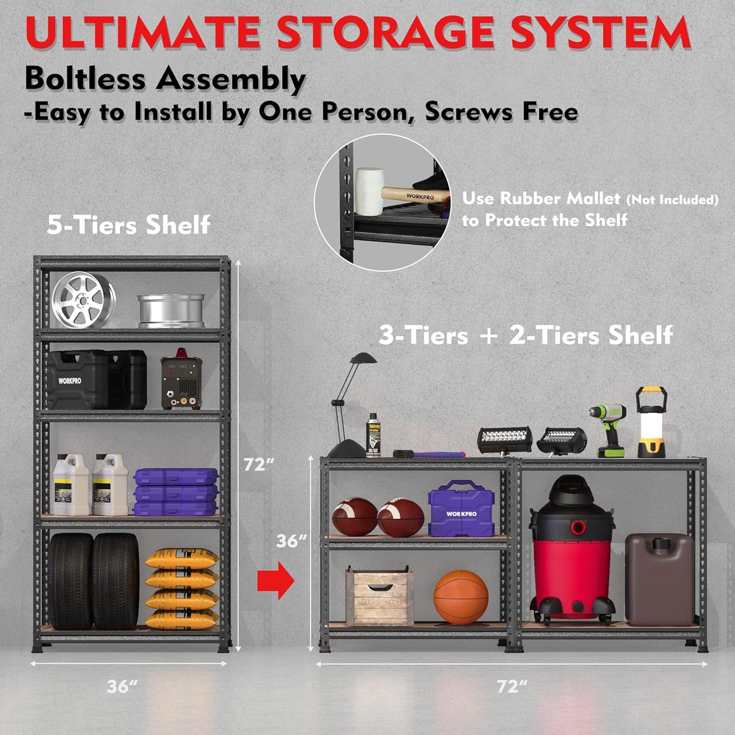 WORKPRO 5-Tier Metal Storage Shelving Unit, 36”W x 18”D x 72”H, Adjustable Storage Rack Heavy Duty Shelf with Particle Board, 4000 lbs Load Capacity (Total) for Garage Warehouse, Pack of 2