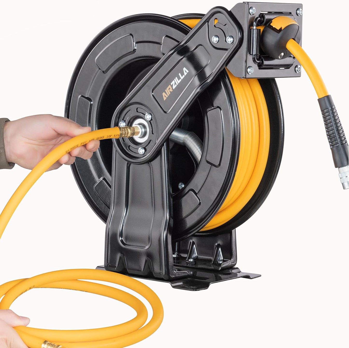Premium Steel Retractable Air Hose Reel With Dual Arm, 3/8"x50Ft Hybrid Polymer Hose, Heavy Duty Air Hose Reel included Auto Rewind Reel | Quick Air Coupler | Durable Double side Frame.