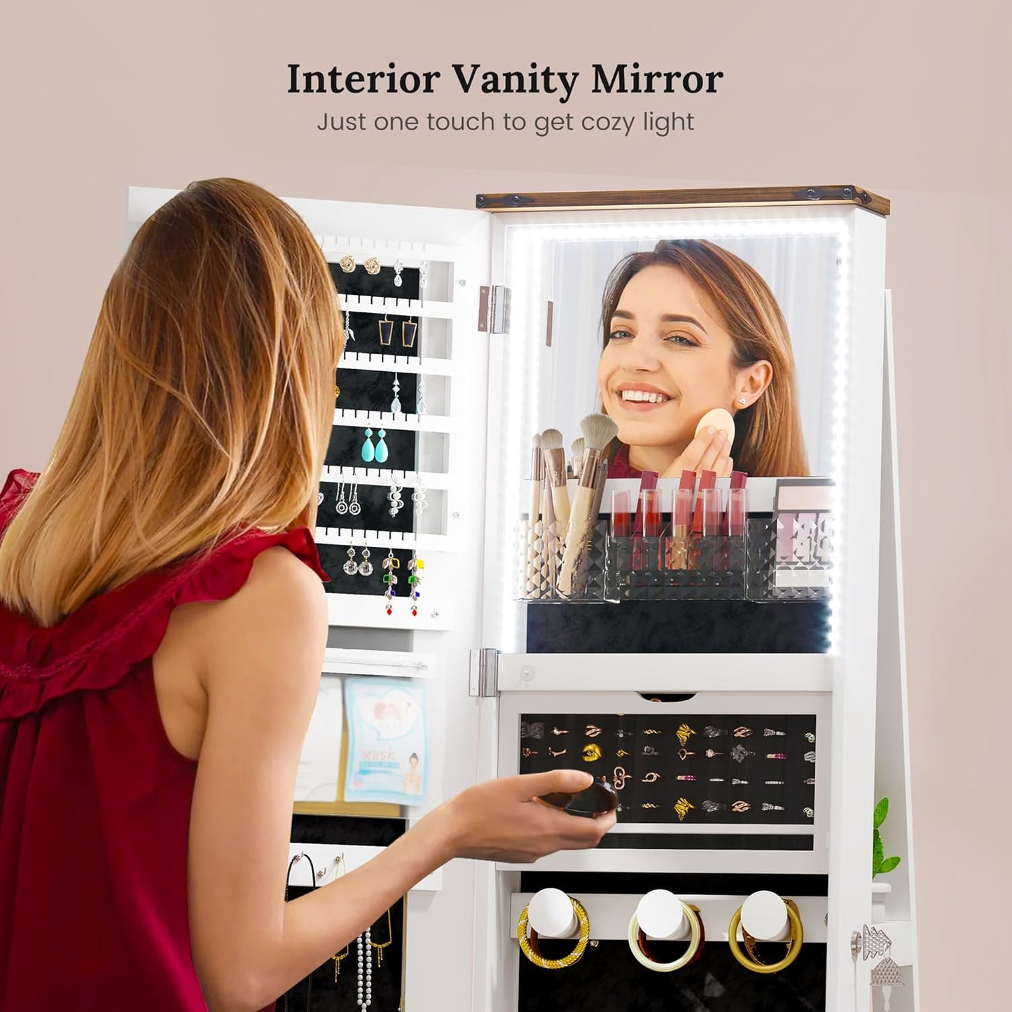 LVSOMT LED Mirror Jewelry Cabinet Standing, 360°Swivel Jewelry Armoire with Full Length Mirror, Mirror with Jewelry Storage and Large Wooden Drawer for Christmas Gifts (Farmhouse White)