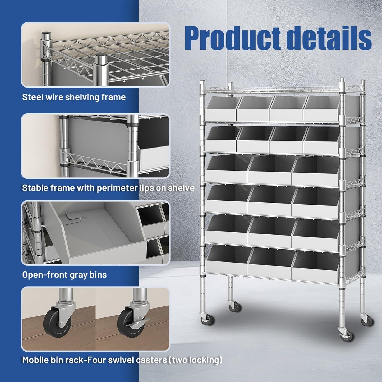 6-Tier Classics Heavy-Duty Bin Rack, Industrial Solid Steel Wire Shelving Storage Unit, Organizer with 20 Bins, Gray, for Garage/Warehouse/Kitchen/Office/Classroom