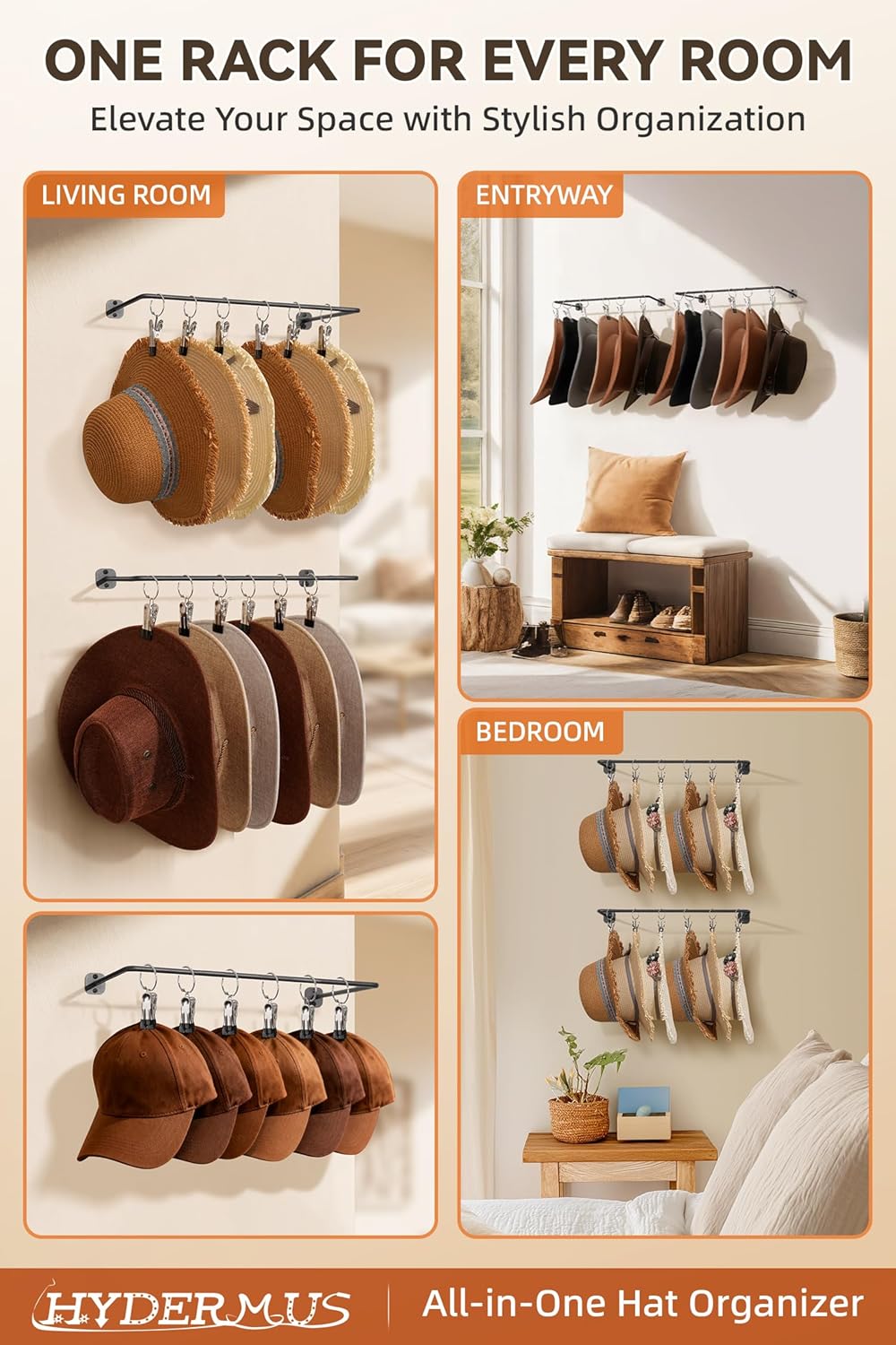 Cowboy Hat Rack for Wall Cowboy Hats Hook with 12 Clips Metal Cowboy Hat Hanger for Bucket Baseball Caps Sunhat Winter Beanies Fedora Hat Organizer Hat Holder on Wall Women Men Closet Black 2 Pcs