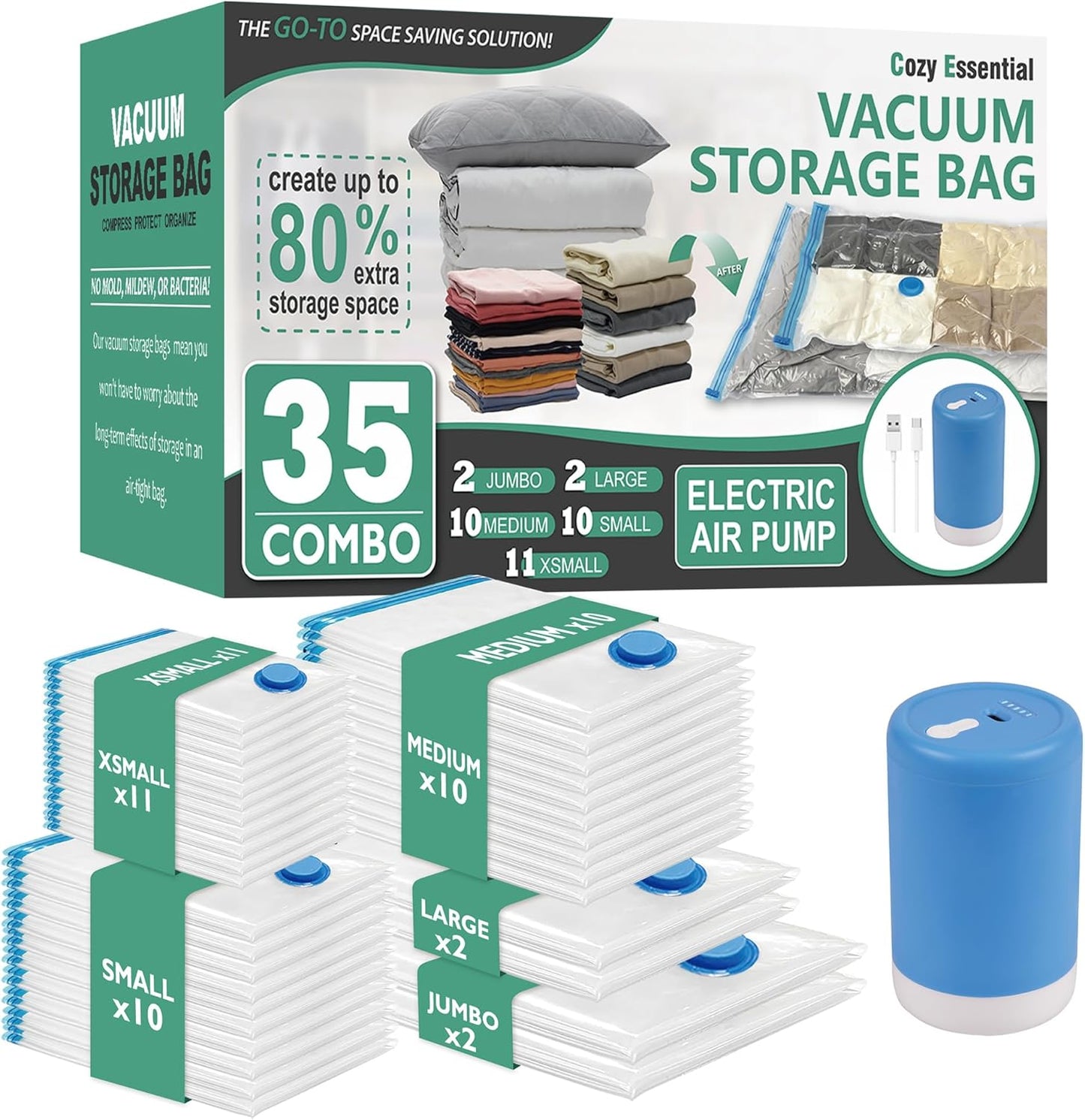 35 Pack Vacuum Storage Bags with Rechargeable Wireless Portable Electric Pump, Vacuum Seal Space Saver Bags for Clothing, Pillows, Blanket, Bedding, Comforters