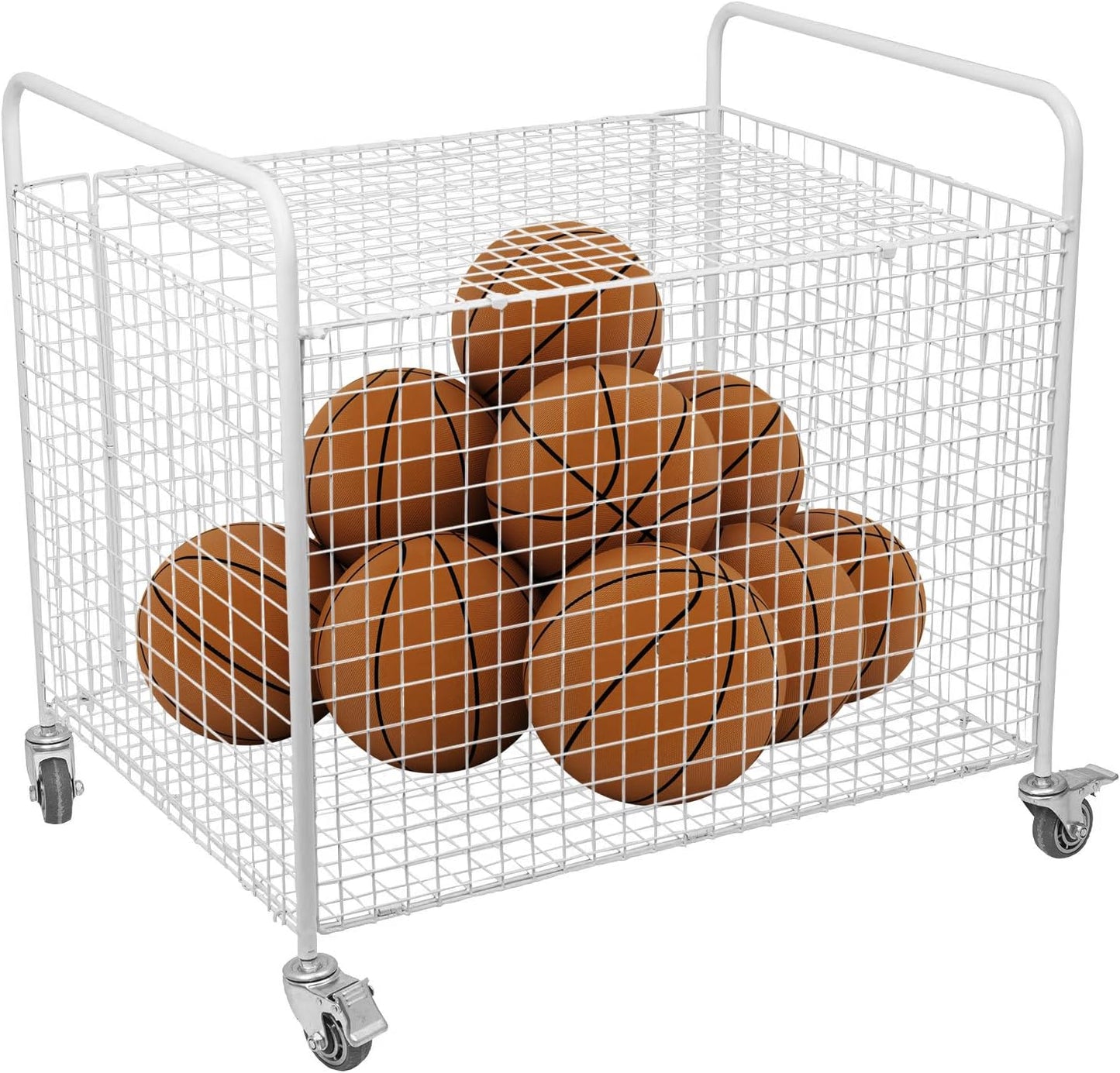 Metal Basketball Rolling Cart Sports Equipment Storage Wheel Basket White Athletic Portable Lockable Cage Raised Handle Gym Home Garage School Court Field Football Soccer Ball Volleyball Bat