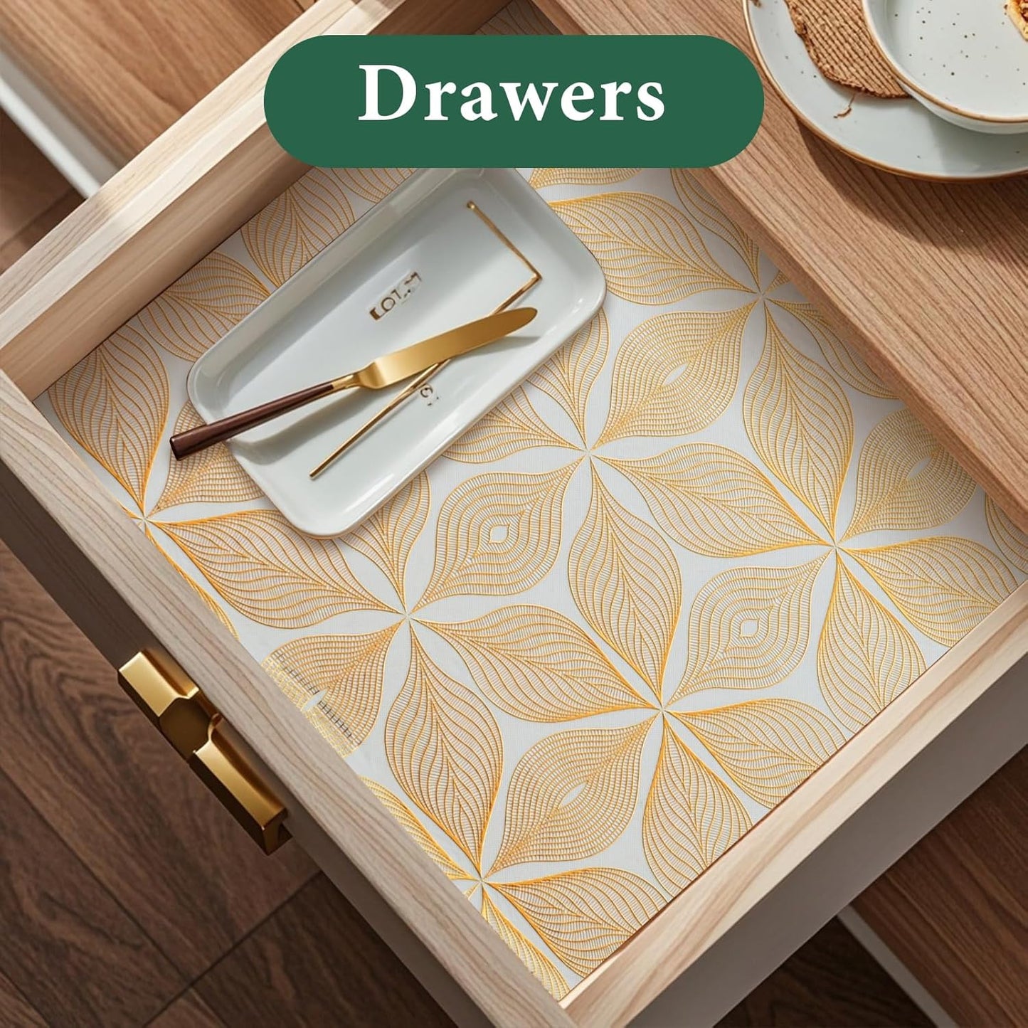 3D Drawer and Shelf Liner for Kitchen Cabinet: 12 in X 30 Ft Waterproof Shelf Paper Non Adhesive Refrigerator Liners Golden Leaf Easy Liners for Bathroom with Knife Tape Measure