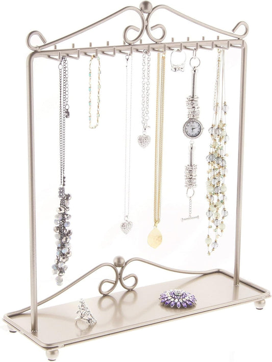 Angelynn's Sturdy Long Necklace Holder Organizer Tall Tabletop Pendant Display Stand, Freestanding Large Capacity Jewelry Tree, Calla Satin Nickel Silver 13 1/2" Wide x 15 3/4" Tall