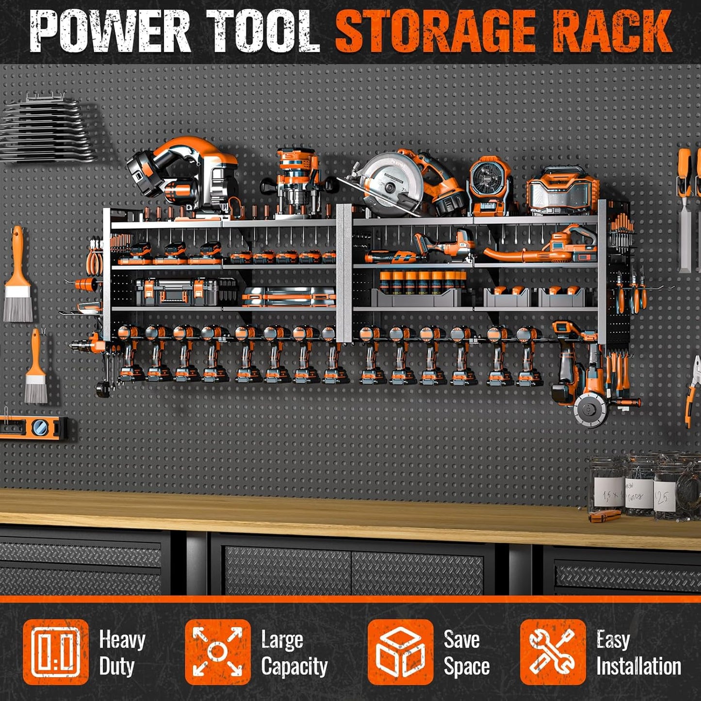 66" W Super Large Power Tool Organizer Wall Mount,Heavy Duty Cordless Tool Organizer with 18 Drill Holder,600 Lbs Capacity 4-Layer Garage Organization for Garage and Workshop (Black)