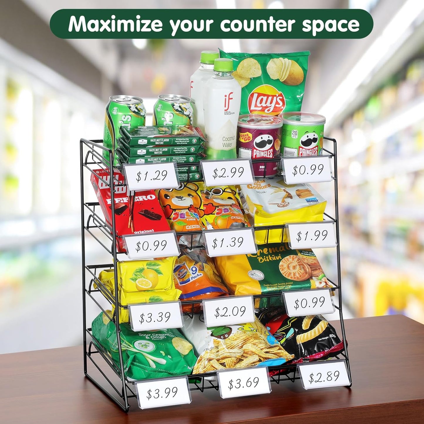 4-Tier Black Stackable Candy Display Rack, Snack Organizer For Countertop, Stores, Offices with 24 Signs and 60 Labels (Black-2 Pack)